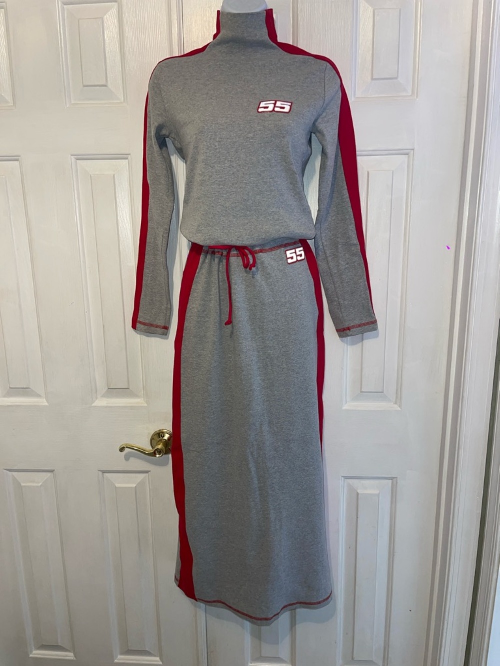 Gray Knit Two-Piece Set with Red Side Panels